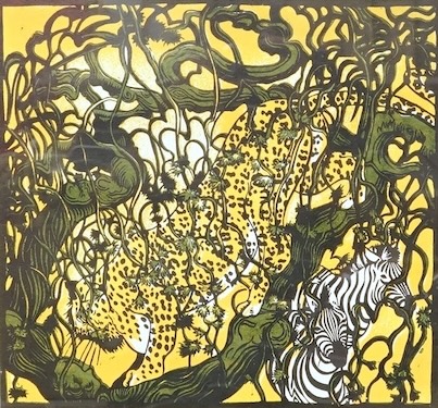 Jane K. Sandox (contemporary), 'How the leopard got his spots', signed in pencil, artist's proof colour linocut, 34 x 34cm